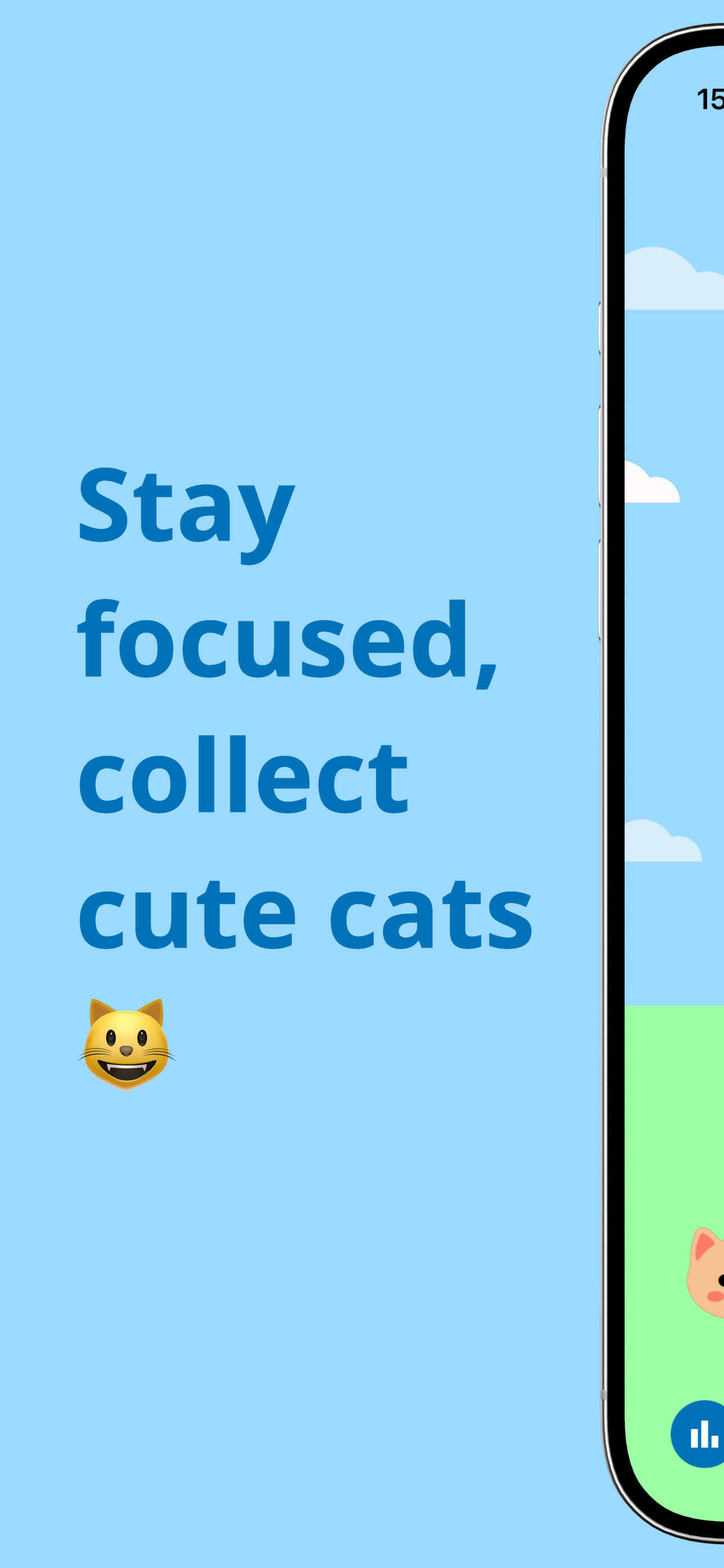 Pomokitten app intro screen showing 'Stay focused, collect cute cats'