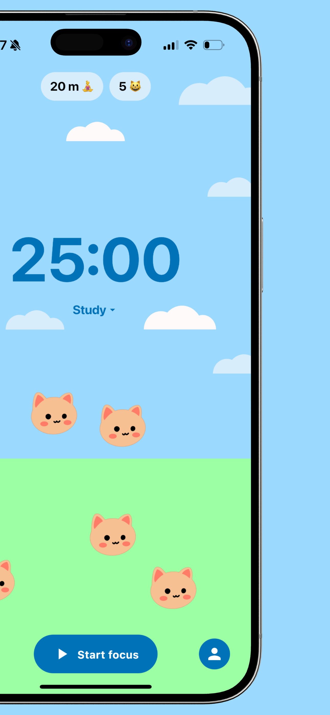 Pomokitten app timer screen showing a 25-minute study timer with cute cats
