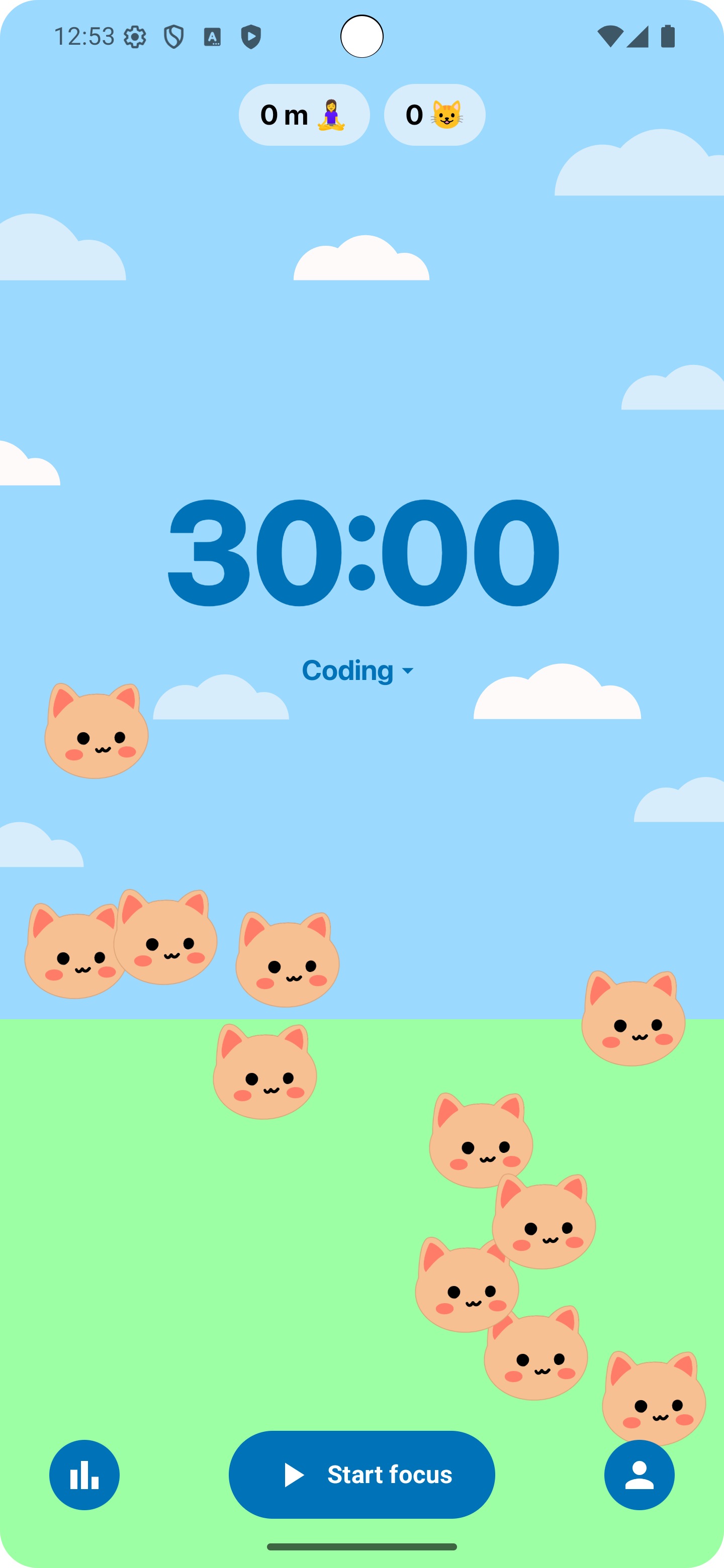 Pomokitten app showing a 30-minute timer for coding with cute cat companions at the bottom